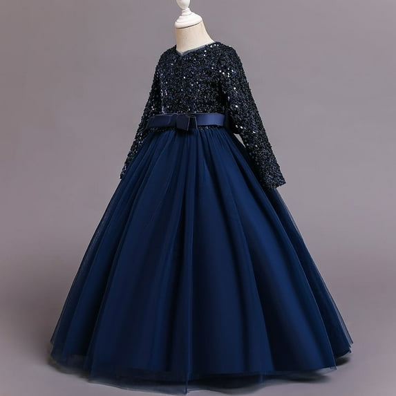 Girl Navy Blue Gown Dress with Sleeves and Rhinestone for wedding, pageant, graduation, birthday ages 6 years old.