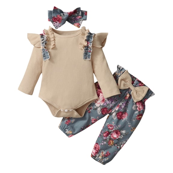 Girl Newborn Coming Home Outfit Fall 3 Piece Knit Cute Clothing Set Flutter Long Sleeve Romper Floral Pants with Headband, Brown, 12 Months