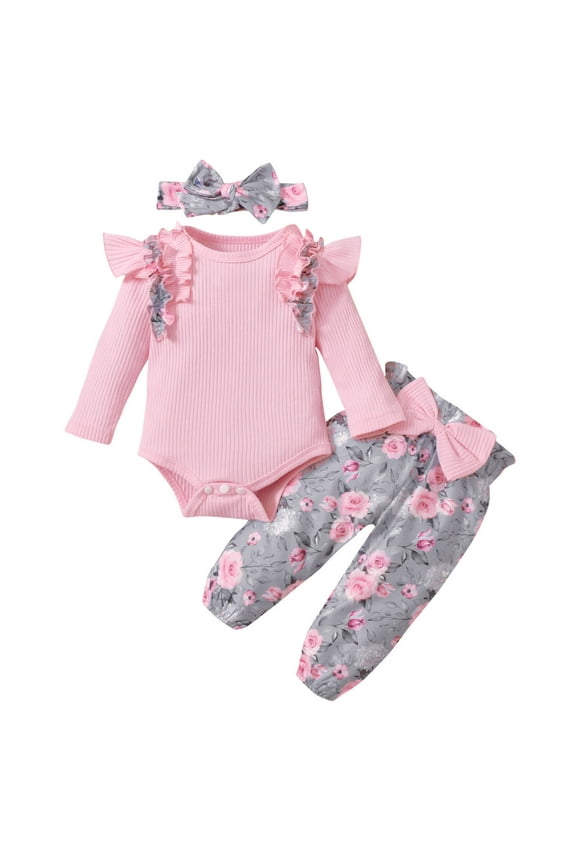 Girl Newborn Coming Home Outfit Fall 3 Piece Knit Cute Clothing Set Flutter Long Sleeve Romper Printed Pants with Headband, Pink, 3 Months
