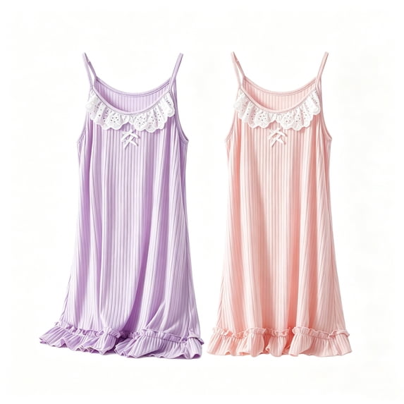 Girl Nightgown Sleeveless Spaghetti Strap Pajamas Dress for Kids Sleepwear 2 Pack, 3-15 Years