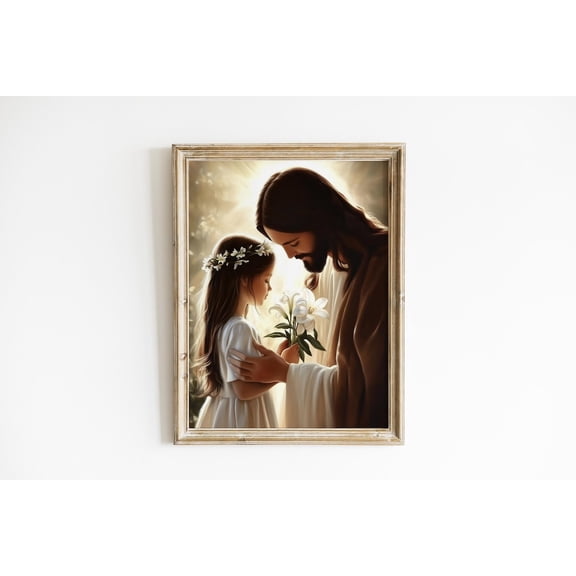 Girl Offering Flowers To Jesus Art Christian Home Decor Religious Wall Spiritual Room Artwork Faith Based Decor Unframed Paper Print