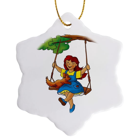 3drose, Girl on a Swing, 3 inch Snowflake Porcelain Ornament