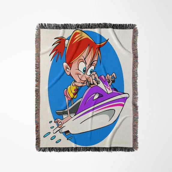 Girl On Jet Ski Cartoon, Woven Blanket