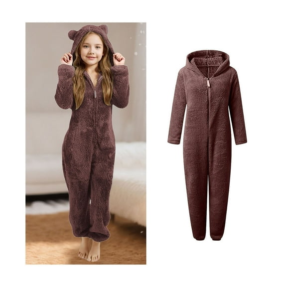 Girl Onesies Warm Animal Pajamas Bear Hooded One-Piece Sleepwear Zip Onesie Pajamas One-Piece Loungewear Kids Winter Suit 5-6 Years