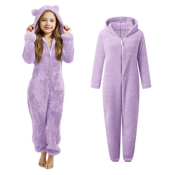 Girl Onesies Warm Animal Pajamas Girls Pajamas with Bear-Eared Hood Zip-Up Fall Pajamas One-Piece Loungewear Kids Winter Clothes 9-10 Years