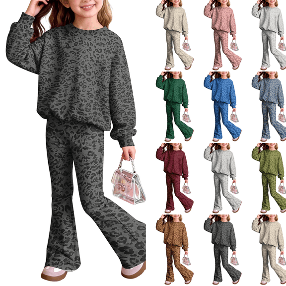 Girl Outfit Crew Neck Long Sleeve Leopard Top Flared Pants 2 Piece Outfit Set