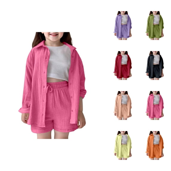 Girl Outfit Girls' Clothing Sets Girls Outfits & Sets Casual Playwear School Summer Fall Spring Toddler Kids Shirt Shorts Set Comfortable Pure Color Turn Down Collar Elastic Waist