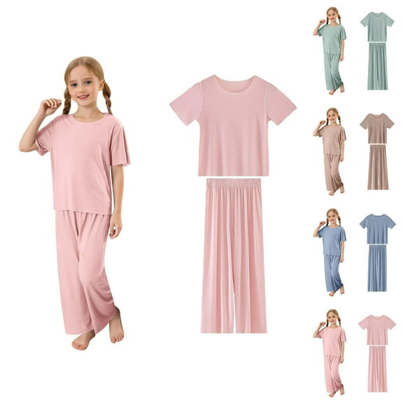 Girl Outfit Girls Set Girls Summer Outfits Soft Ribbed Round Neck Short Sleeve Long Pants Set Casual Comfortable Loungewear For Toddler And Kids