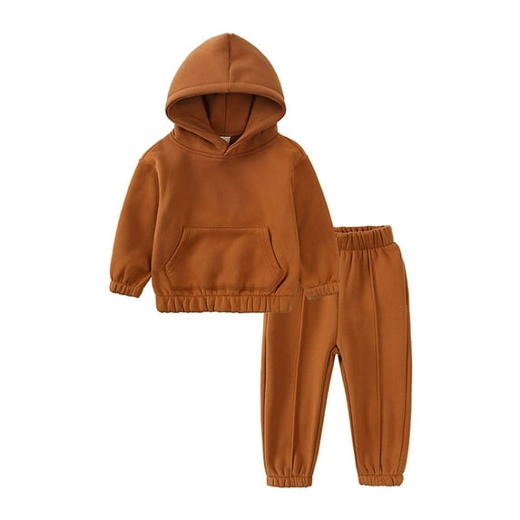 Girl Outfit Winter Children's Boys Girls Cargo Long Sleeve Hooded Sweater Pockets Tops and Pants Two-Piece Casual Sports Set New Casual Matching Sets Brown 4T