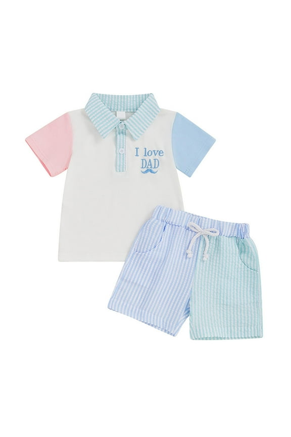 Girl Outfits 12-18 Months Twin Baby Girl Outfits, Mother's Day Infant and Toddler Clothing Girls Short Sleeve Collar Color Contrasting T-shirt Top+Elastic Waist Shorts Two Piece Set