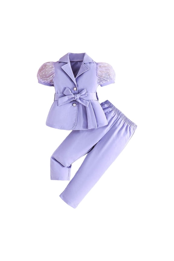 Girl Outfits 2 Piece Sleeve Blouse with Mesh Sheer and Tailored Long Pants Clothes