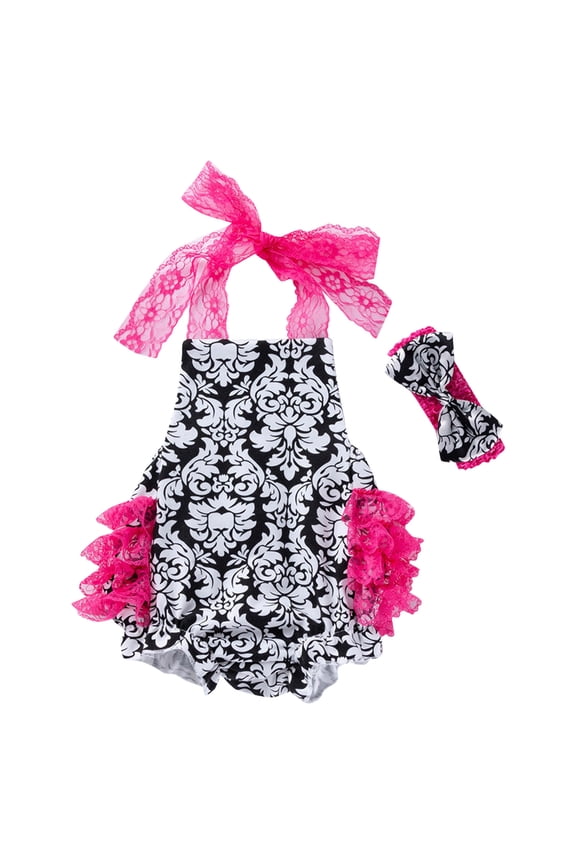 Girl Outfits 80 For 12 Months-18 Months Halter Bodysuit Rose Prints Lace Fashion With Headbs Baby Girl Rompers