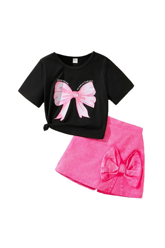 Girl Outfits Bow Print Short Sleeved T Shirt Culotte Two Piece Girls' Clothing Sets