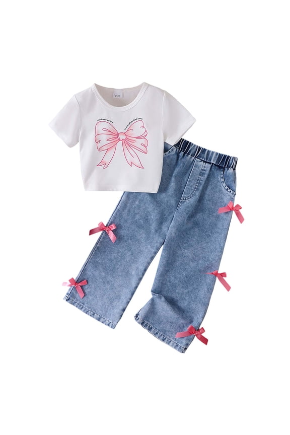 Girl Outfits Bowknot T Shirt Denim Two Piece Casual With Double Bow Accents Girls' Clothing Sets