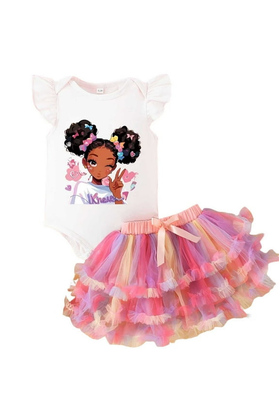 Girl Outfits Cute Cartoon Print Top And Skirt Matching Girls' Clothing Sets