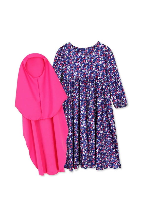 Girl Outfits Floral Abaya With Hijab Full Length Robe Burka Maxi Kid Dresses Set Clothes