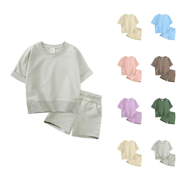 Girl Outfits Girls Clothing Sets Toddler Kids Baby Boy Girl Solid Cotton Pullover Short Sleeve Sweatshirt T Shirt Crewneck Tops Shorts Set Spring Summer Clothes