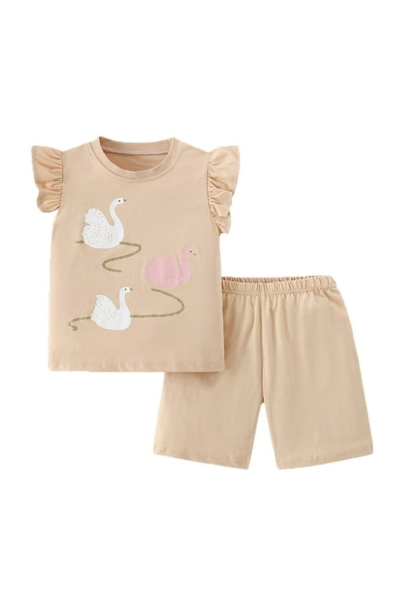 Girl Outfits Kids Rainbow Cartoon Print Fly Sleeve T Shirt Tops And Solid Color Shorts 2Pcs Set Clothes