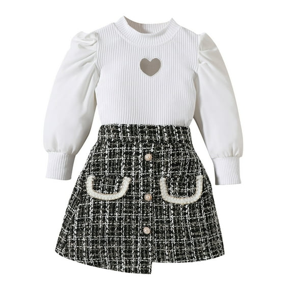 Girl Outfits Long Sleeve Puff Sleeve Ribbed Tops Button Plaid Skirts 2Pcs Princess Set Girl Clothes Black 3 Years-4 Years