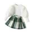 thumbnail image 1 of Girl Outfits Puff Sleeve Long Sleeve Tops Button Woolen Plaid Skirts 2Pcs Princess Set Girl Baby Clothes Green 4 Years-5 Years, 1 of 7