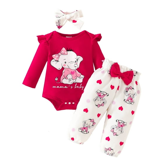 Girl Outfits Size 6-7 Infant Girls Long Sleeve Cartoon Prints Romper Bodysuit Pants Headbands Outfits,12-18 Months,W5-Red