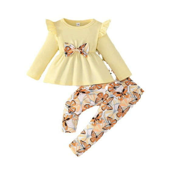 Girl Outfits Size 6 Baby Girls Butterfly Print Long Sleeved Long Sleeve Top + Trousers 2 Sets,18-24 Months,Yellow