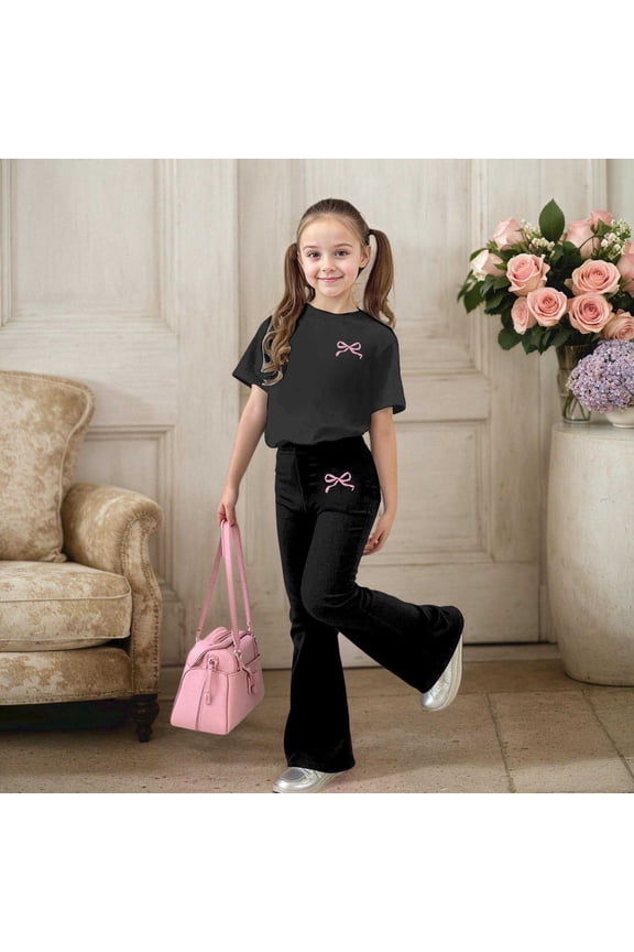 Girl Outfits Size 9-10Y Crew Short Sleeve Solid Top with Flare Pants Kids Fall Daily Set Girl Clothes