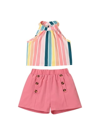 Baby Girl's Stylish & Cute Shorts Set - Crop Halter Top & Floral Striped  Print Belted Shorts