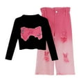 thumbnail image 1 of Girl Outfits Spring Long Sleeve Top With Bow And Ripped Denim Jeans Two Piece Set Clothes, 1 of 4