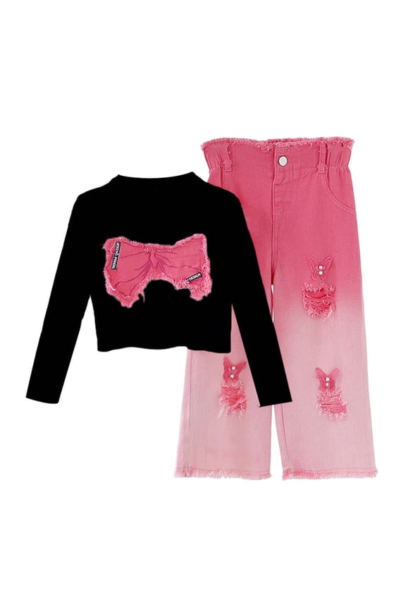 Girl Outfits Spring Long Sleeve Top With Bow And Ripped Denim Jeans Two Piece Set Clothes