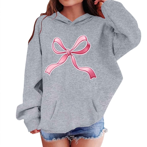 Girl Oversized Crew Neck T-Shirts Girls Boys Cute Bow Printing Long Sleeve Hoodies Thin Fleece Sweatshirt Pullover Tops with Pocket Girls Soft Oversized Sweatshirts Gray 4Y