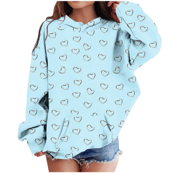 Girl Oversized Sweatshirt Size 10-12 Heart Long Sleeve Loose Casual Hoodies with Pocket Baggy Fall Casual Clothes, Light Blue, 7 Years