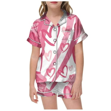 Girl Pajamas 5t Coat Style Short Sleeve 2 Piece Sleepwear Button-Down Silk Pjs Sleepwear Nightwear With Pockets For Valentine's Day,Pink,150(10-11 Years)