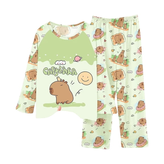 Girl Pajamas Girls Pajama Sets Long Sleeve Top and Pants Capybara Print Soft Cute Animal Themed Cozy Comfortable Sleepwear and Loungewear Kids Pajamas Light Green1 7 Years-8 Years