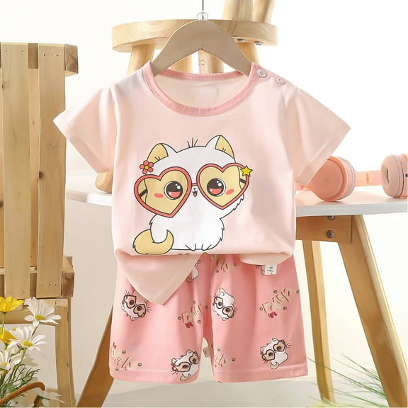 Girl Pajamas Kids Toddler Girls Summer Cartoon Bear Rabbit Lion Prints Cotton Breathable Casual Pajamas Set Kids Pajamas Light Pink 6 Months-9 Months