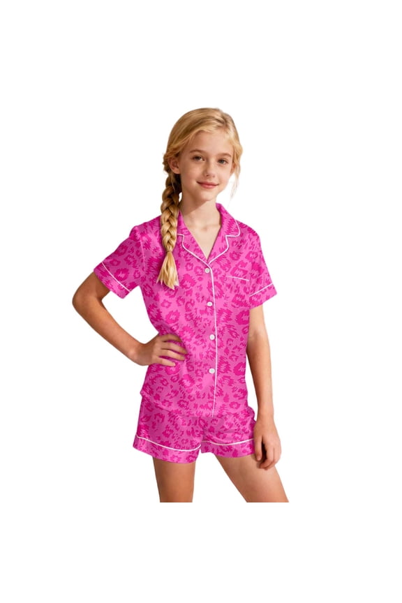 Girl Pajamas Leopard Print Valentines Pajama Set Short Sleeve Button Down Top and Shorts Two Piece Sleepwear for Kids Hot Pink 2 Years-3 Years