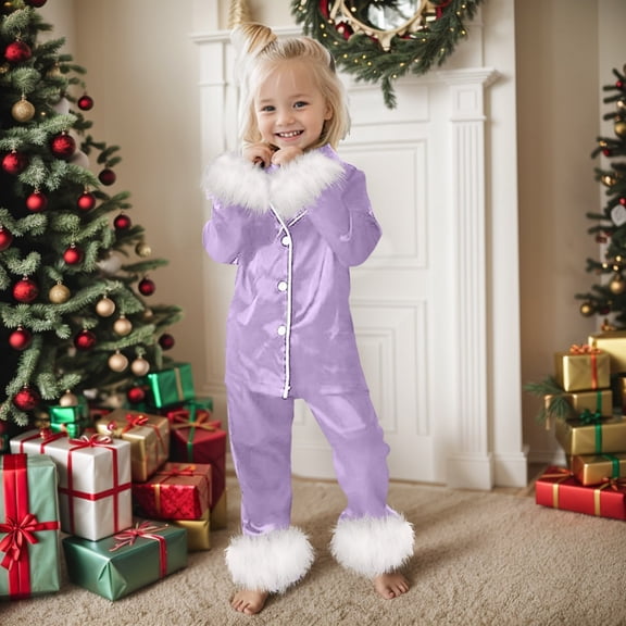 Girl Pajamas Set Purple Satin Pajamas Girls Long Sleeve 2 Piece Pajamas Set Tween Kids Holiday Pajamas 10-11 Years