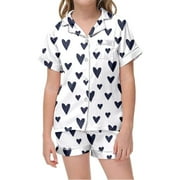 BINBANGQI Girl Pajamas Size 14-16 Print Heart Silk Button-Down Sleepwear Matching 2pcs Pj Snug Fit 2 Piece Nightwear Summer Sleepwear,A-White,110(2-3 Years)