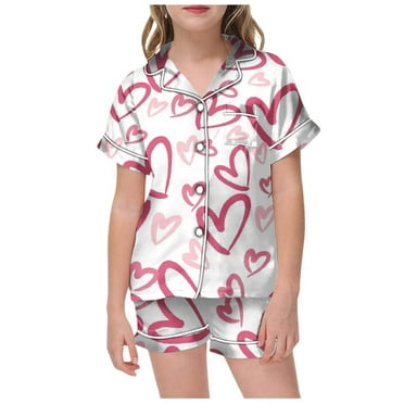 Girl Pajamas Size 8 2pcs Short Sleeve Sleepwear Silk Button-Down Pjs Sets Sleepwear Loungewear Set With Pockets For Valentine's Day,Z1-White,8-9 Years