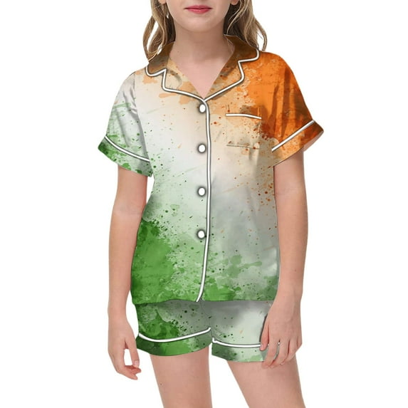 Girl Pajamas St. Patrick'S Day Kids Satin Short Sleeve Collared Button Top And Shorts Shamrock Print Pajama Set Orange 4 Years-5 Years