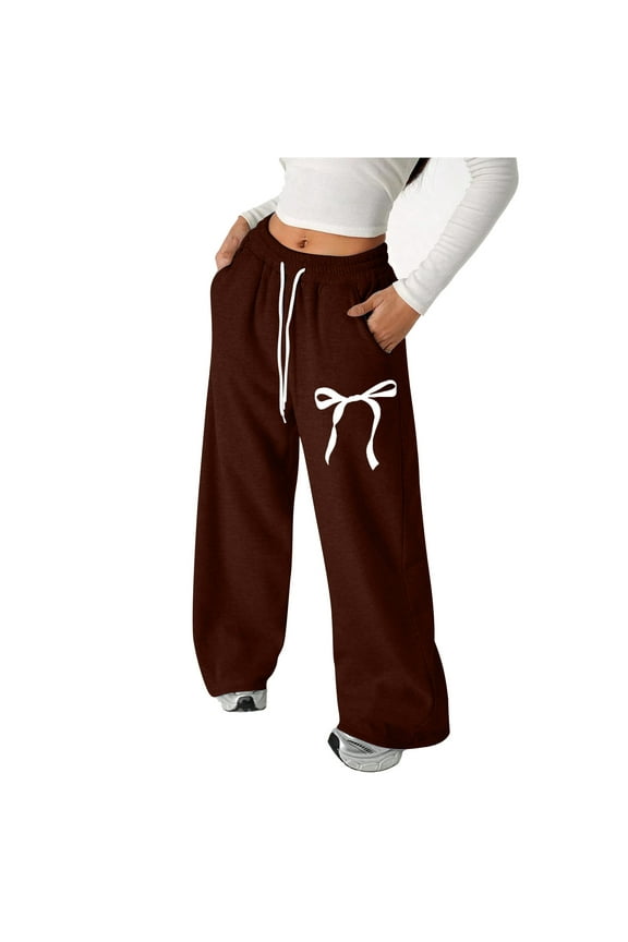Girl Pants - Girls Bowknot Sweatpants Baggy Lightweight Straight Leg Athletic Pants With Pockets Casual Playwear - School Kids Clothes,Color:Brown,Size:12-13 Years