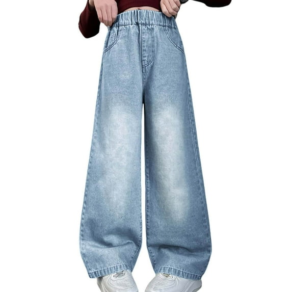 Girl Pants,Girls Fashion Denim Pants Wide Leg Jeans Elastic Waist Cute Casual Trousers with Pockets,Boys Sweatpants,Z17 Blue,12-13 Years