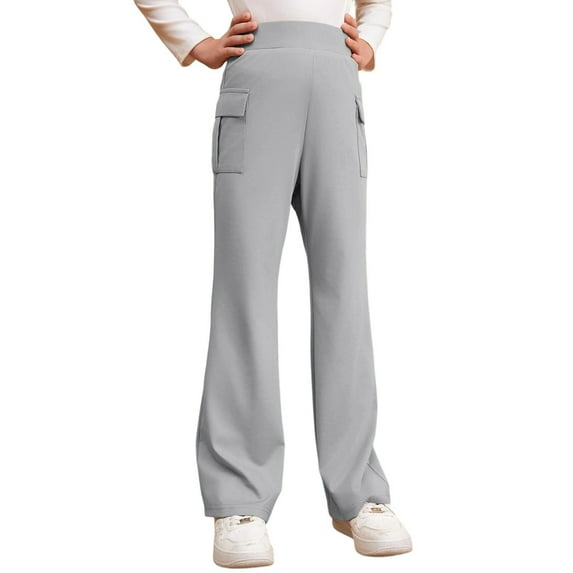 Girl Pants - Girls Flare Pants School Uniforms Bottoms High Waist Comfort Playwear - School Kids Clothes,Color:02 Grey,Size:7-8 Years