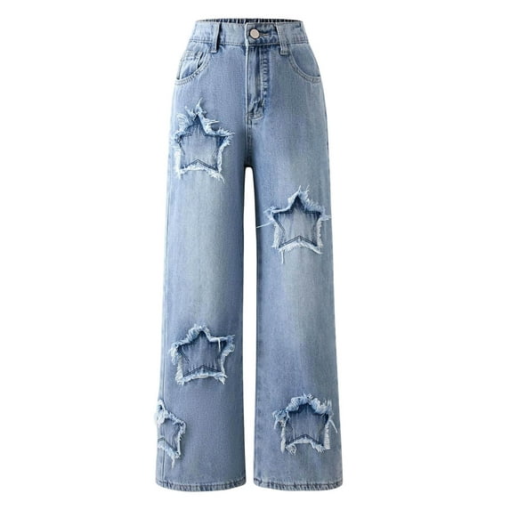 Girls Pants,Jeans Wide Leg Jeans Girls Pants With Star Decorations Elastic Waist Casual Comfortable Bottoms Jeans,Travel Pants,Blue,10-11 Years