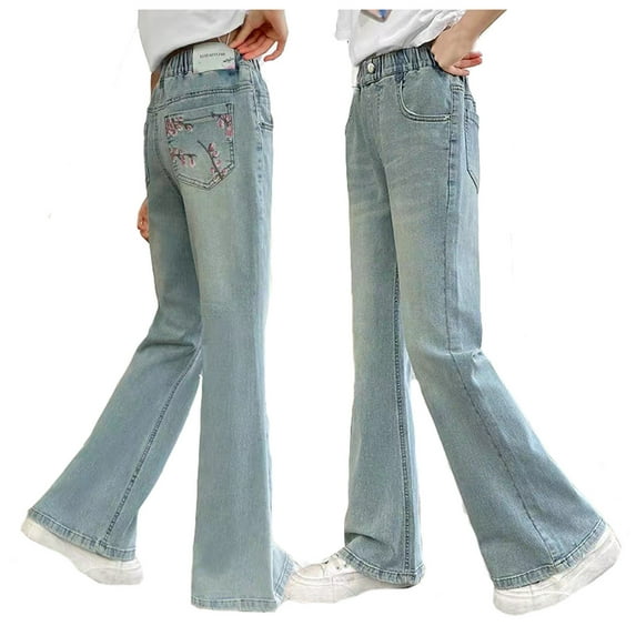 Girl Pants,Girls Wide Leg Jeans High Elastic Waist Bow Detail Baggy Denim Casual Streetwear Playwear,School Kids Clothes,05 Light Blue,10-11 Years