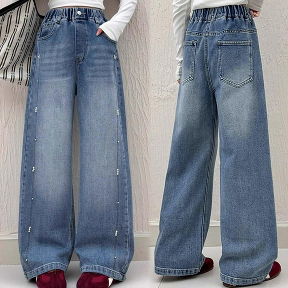 Girl Pants,Jeans Girls Classic Straight Leg Beaded Design Wide Leg Trousers for Autumn Casual,School Kids Clothes,Z08 Blue,15-16 Years