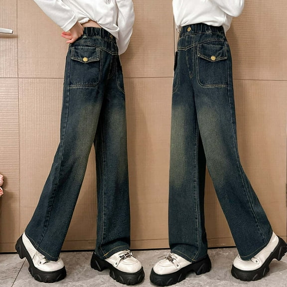 Girl Pants,Jeans Girls Fashion Elastic Waist Wide Leg Casual Denim Pants with Pockets,School Kids Clothes,Z04 Blue,5-6 Years