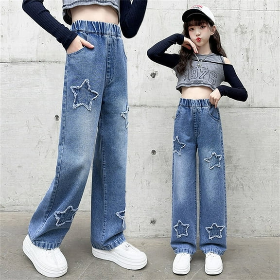 Girl Pants,Jeans Girls Straight Leg Denim High Waist Elastic Casual Pants with Pockets,School Kids Clothes,Z06 Blue,5-6 Years