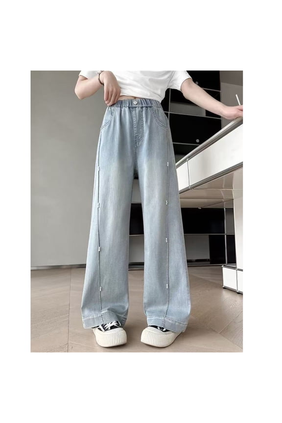 Girl Pants Size 4-5Y Kids Beaded Sun Protection Wide Leg Jeans Breathable