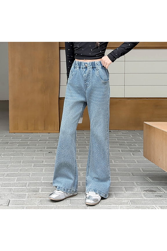 Girl Pants Size 5-6Y Kids Star Rhinestone Flared Cargo Jeans Casual Comfortable